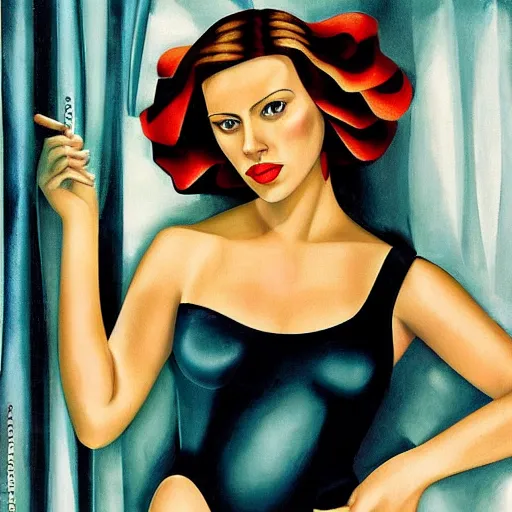 Image similar to Scarlett Johansson bathing, full body, in the style of Tamara de Lempicka