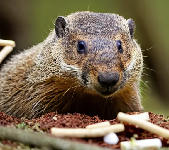 Prompt: a groundhog eating a marshmallows