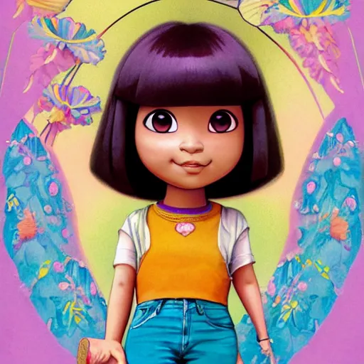 Image similar to portrait of dora the explorer as real girl in happy pose, detailed, intricate complex background, japanese Pop Surrealism, lowbrow art style, muted pastel colors, soft lighting, 50's looks by Mark Ryden,Yosuke Ueno,mucha, artstation cgsociety