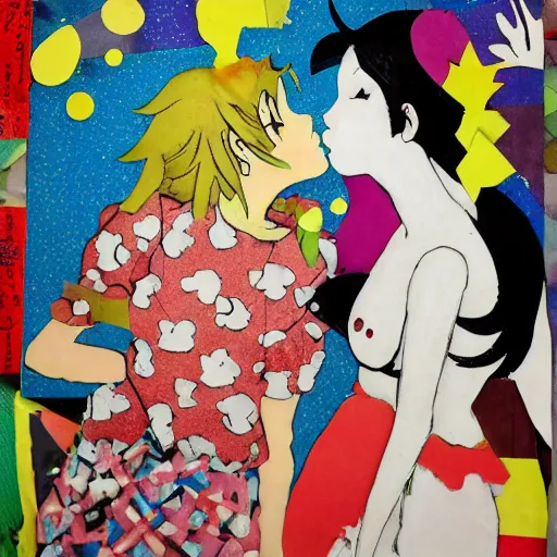 Image similar to two anime women kissing at a carnival, mixed media collage, retro, paper collage, magazine collage, acrylic paint splatters, bauhaus, abstract claymation, layered paper art, sapphic visual poetry expressing the utmost of desires by jackson pollock