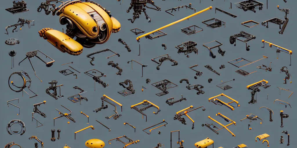 Image similar to collection of exploration of form and shapes, katsuhiro otomo, robot arms, props, hard surface, panel, simon stalenhag, kitbash, items, gadget, big medium small, close up, futuristic, parts, machinery, greebles, insanely detailed, case, hardware, golden ratio, wes anderson color scheme, in watercolor gouache detailed paintings, sleek design