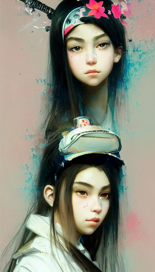 Image similar to madison beer, detailed portrait young gangster lolita, amazing beauty, visor, neon tattoo, styled hair, decorated traditional japanese ornaments by carl spitzweg, ismail inceoglu, vdragan bibin, hans thoma, greg rutkowski, alexandros pyromallis, perfect face, fine details, realistic shaded