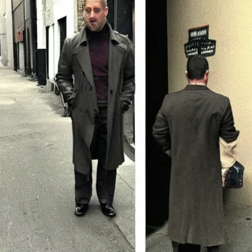 Prompt: man standing in the alley with a trenchcoat, the man has a superhero physique