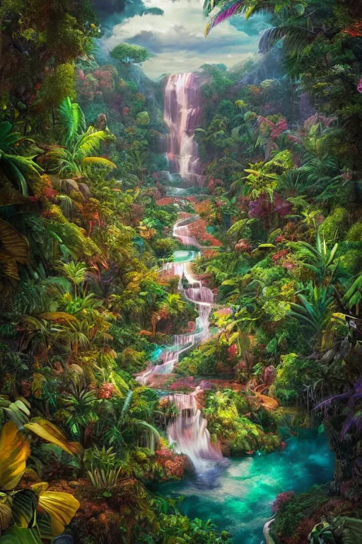 Image similar to aerial view of a colorful jungle with rivers and waterfalls, by artgerm, tom bagshaw, gerald brom, vaporwave colors, lo - fi colors, vaporwave, lo - fi, moody vibe, goth vibe, full body, rendered by substance designer,