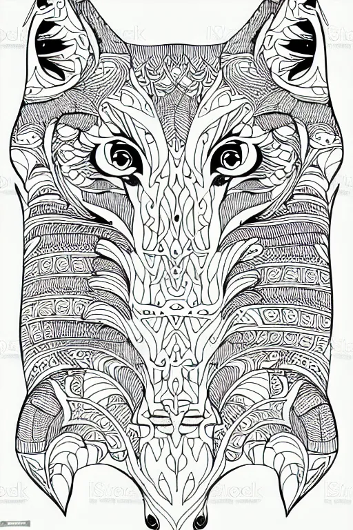 Prompt: fox ornaments fractal ink drawing line art colouring page vector art