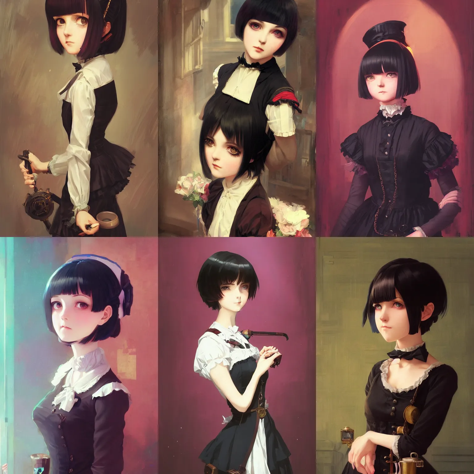 Prompt: a portrait of a cute Victorian maid with black bob cut hair, steampunk setting, vivid colors, soft lighting, atmospheric, cinematic, moody, in the style of Ilya Kuvshinov and Range Murata, Krenz Cushart, oil on canvas, 8k