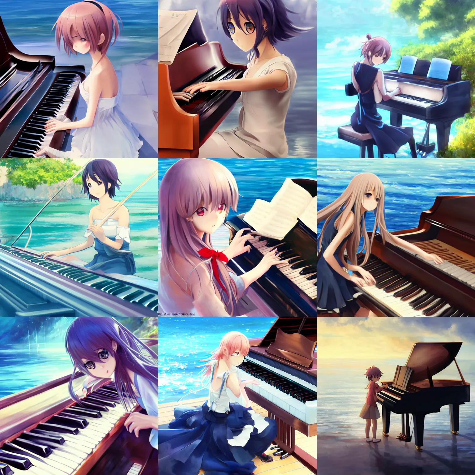 Prompt: Anime girl playing piano on blue water, long shot, by Cushart Krenz, lots de details, detailed, 4k