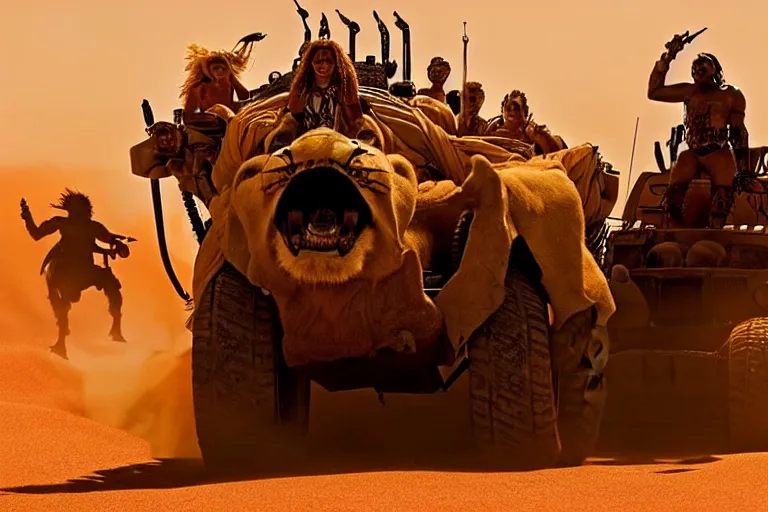 Image similar to simba ( from the lion king ), heavily armed and armored facing down armageddon in a dark and gritty version from the makers of mad max : fury road : witness me