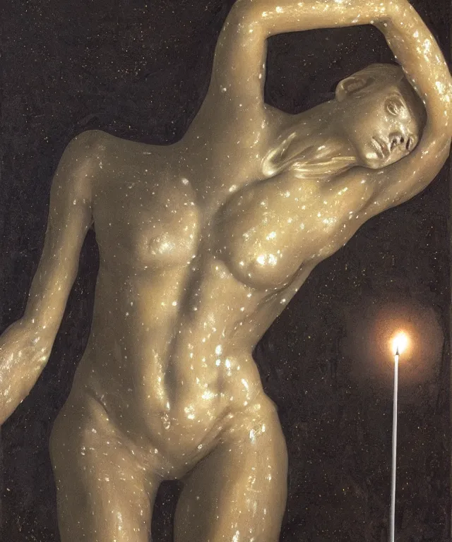 Image similar to Beautiful full-body wax sculpture of glowing transparent woman with visible golden bones covered with melted white candle wax inside the singularity where stars becoming baroque folds of dark matter by Michelangelo da Caravaggio, Nicola Samori, William Blake, Alex Grey and Beksinski, dramatic volumetric lighting, highly detailed oil painting, 8k, masterpiece