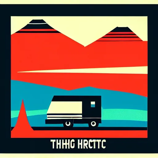 Prompt: a white and black cute thor chateau! motorhome camper!!, mountains, colorful sunset!!, stencil art by tom whalen