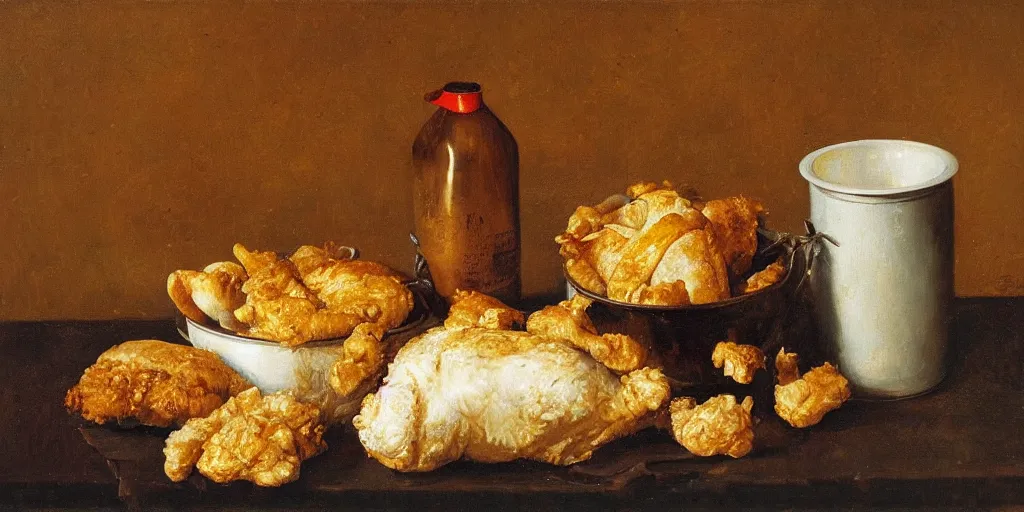 Prompt: a fineart still life painting of a KFC bucket and chicken on table. Oil on canvas, by Willem Kalf.