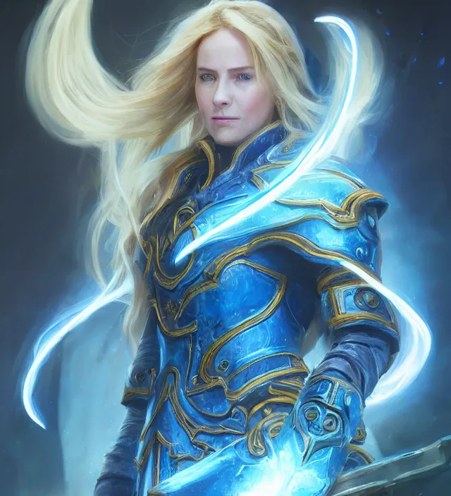 Image similar to Jaina Proudmore portrait, intricate arcane armor with glowing magical runes, flowing blue magical energy, subject in the middle of the frame, rule of thirds, golden ratio, elegant, digital painting, octane 4k render, zbrush, hyperrealistic, artstation, concept art, smooth, sharp focus, illustration from Warcraft by Ruan Jia and Mandy Jurgens and Artgerm and William-Adolphe Bouguerea