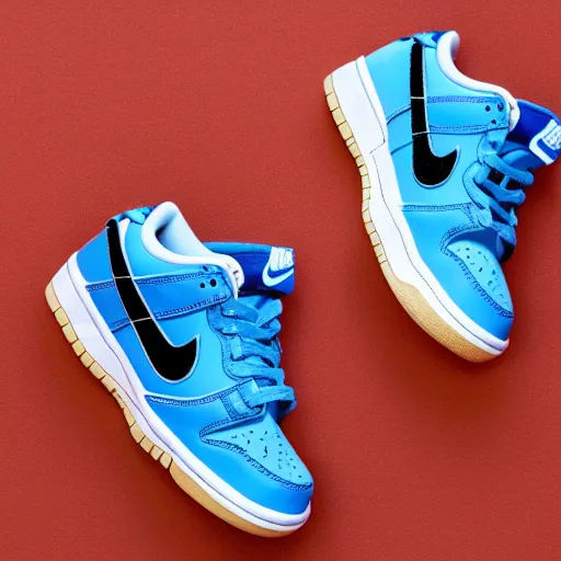 Image similar to a press photograph of nike dunk low baby blue and white, size 1 0, white background