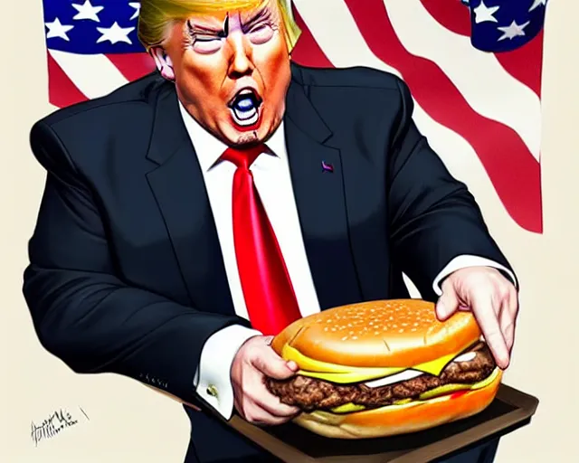 Image similar to !! donald trump!! licking a! cheeseburger! at a rally with american flags, deep focus, fantasy, intricate, highly detailed, digital painting, artstation, concept art, matte, sharp focus, illustration, hearthstone, art by artgerm and greg rutkowski and alphonse mucha,! hamburger!