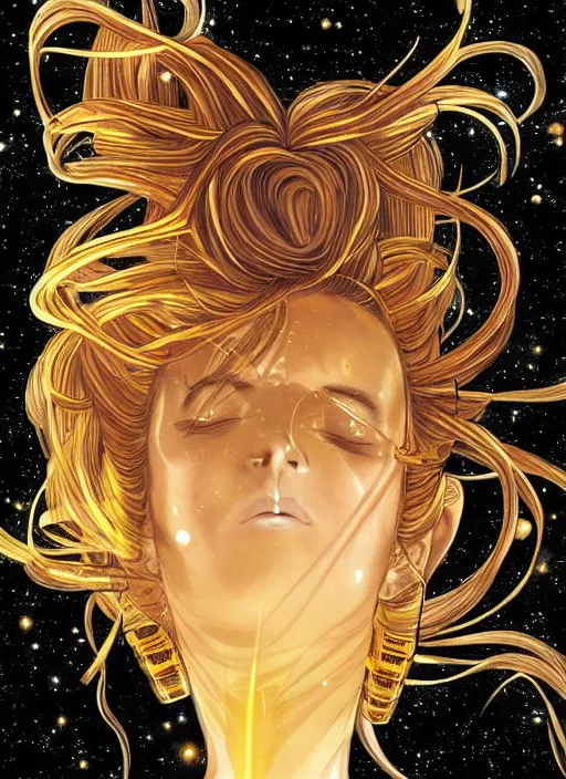 Image similar to a golden woman 2/3 figurative anime portrait, in space, head breaking apart and spiraling geometry into the sky upwards into another dimension, lazer light beaming down to top of her head, by moebius and Yoshitaka amano