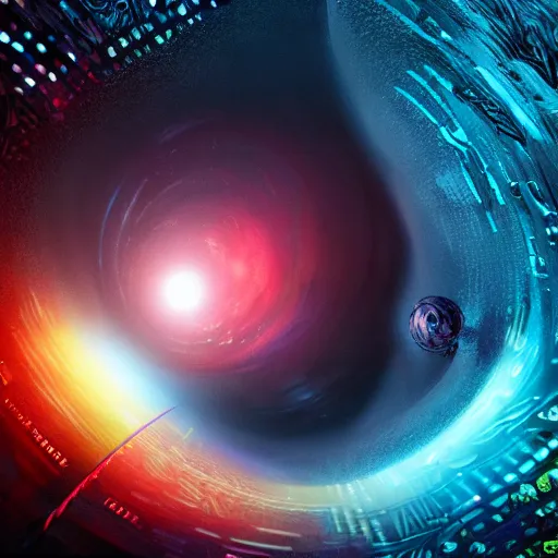 Image similar to glowing glorious 3D black hole in movie, intergalactic, space theme, galaxy colored, hyperdetailed, digital painting, trending on Artstation, cel-shading style, CG society, hyperdetailed, digital painting, hypermaximalist, golden ratio, volumetric, octane render, weta digital, micro details, 3d sculpture