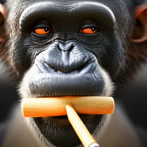 Image similar to a high detail closeup shot of a chimp wearing a suit 👔,and smoking a cigarrette🚬, cgcosiety, artstation, unreal engine, realism