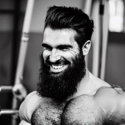 Image similar to Black and white photography of a very muscular man smiling with a chiseled jawline and trimmed beard