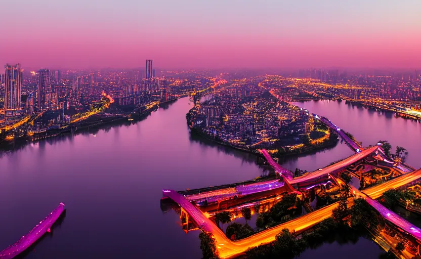 Image similar to a photo of wuhan, river, sunset, purple sky, cinematic, 8 k, highly - detailed