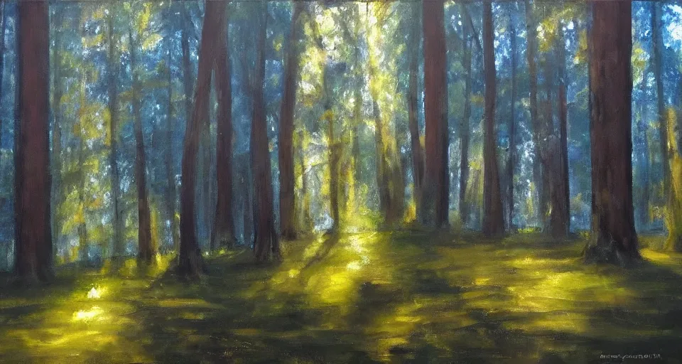 Image similar to a forest made of stone pillars instead of trees, God rays, beautiful painting, oil on canvas, by Ewa Czarniecka, award winning masterpiece,