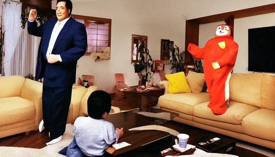 Image similar to 1990s candid 35mm photo of a beautiful day in the family living room, cinematic lighting, cinematic look, golden hour, a very large, oversized Japanese magical costumed car salesman mascot is hanging out of the TV and aggressively trying to sell the family and kids a sports car by force, the costumed salesman is a very large giant, he has fancy decorations on his costume, there is an expensive sports car in the living room with the family, sports car in the room, UHD