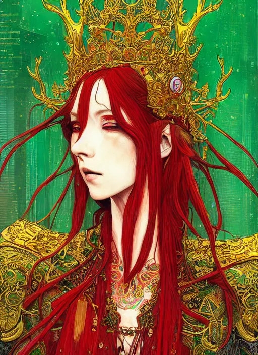 Image similar to a painting of a beautiful cyberpunk elven queen with long red hair, wearing green, red and gold ornate dress, golden intricate crown. detailed symmetrical full body portrait, intricate complexity, concept art, by takato yamamoto, makoto shinkai. cinematic dramatic atmosphere, sharp focus