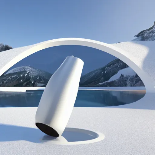 Prompt: frosted wine bottle standing on a white zen clean modern minimalist white yatch in front of large circular portal with frosted mountain view, frozen and covered in ice, by peter tarka and zaha hadid octane highly render, 4 k, ultra hd,