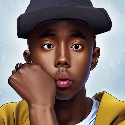 Prompt: tyler the creator, anime style, wearing hat, birthday balloon, fashion clothing, shoulder eyes, last exile anime, symmetrical facial features, from arknights, hyper realistic, 4 k, rule of thirds, extreme detail, detailed drawing, trending artstation, realistic lighting, by alphonse mucha, greg rutkowski, short neck