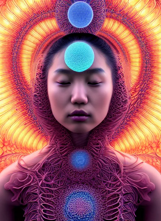 Prompt: ridiculously beautiful young asian woman tripping by irakli nadar, 3 d layers of coral and light fractals radiating behind with sacred geometry, cosmic, natural, awakening, symmetrical, in the style of ernst haeckel and alex grey, effervescent, warm, photo realistic, epic and cinematic