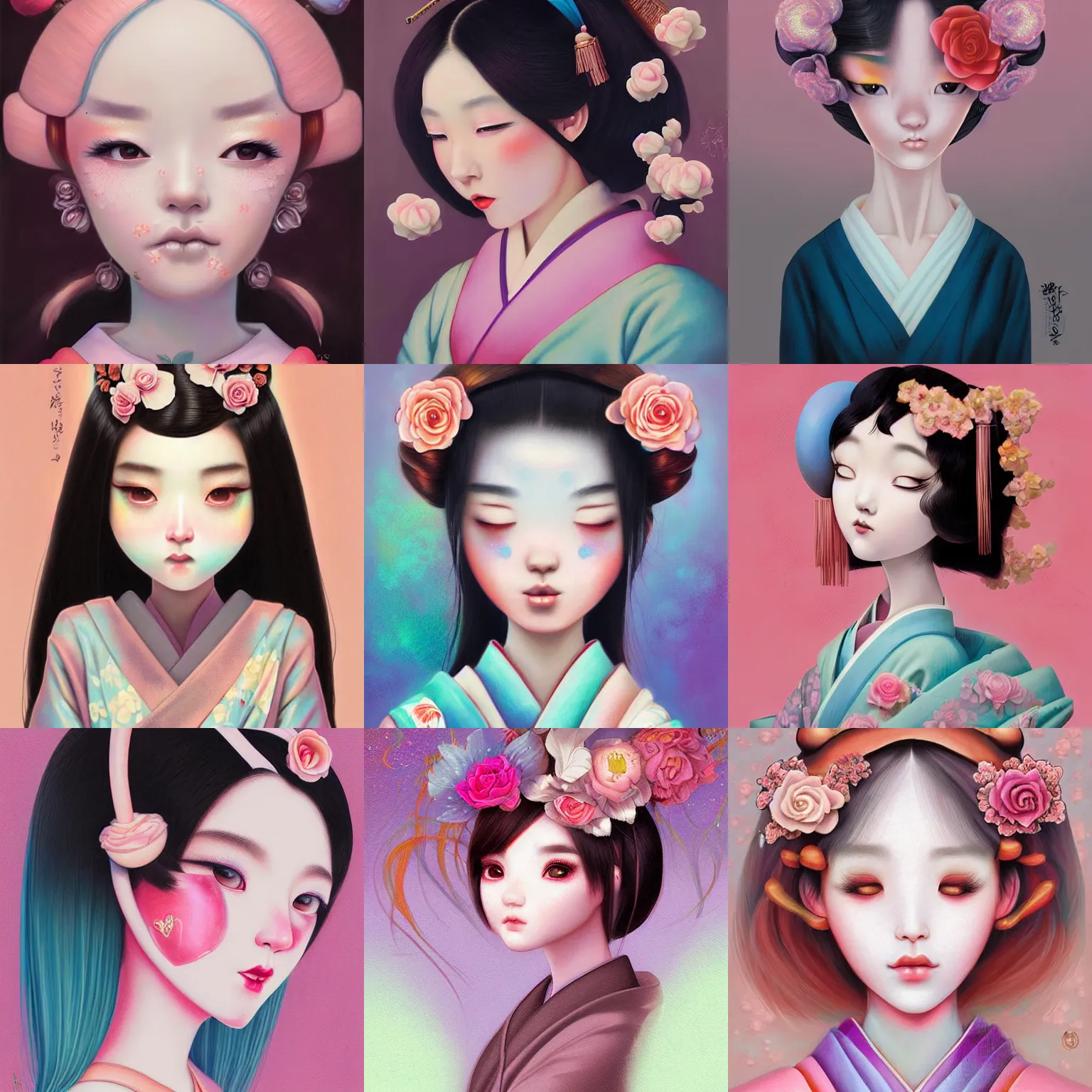 Prompt: a digital painting of a geisha e - girl by amy sol hikari shimoda, mark ryden, cute, weird, cool, pastel colors, rose gold, synthwave colors, face symmetry, artgerm