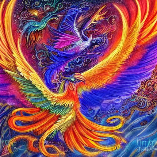 Image similar to beautiful phoenix bird with long tail made of flames, detailed painting in the style of josephine wall 4 k