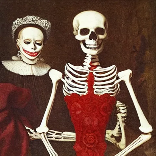 Prompt: a skeleton Queen, two unhappy servant girls, red and white flowers, perfume, baroque, Dutch masters