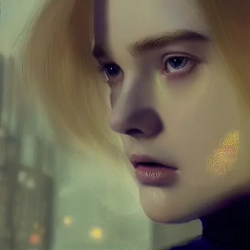 Image similar to Elle Fanning, extremely detailed masterpiece, hyper-realism, oil on canvas, low-key neon lighting, artstation, Blade Runner 2049, Roger Deakin’s cinematography, by Dennis Wojtkiewicz,