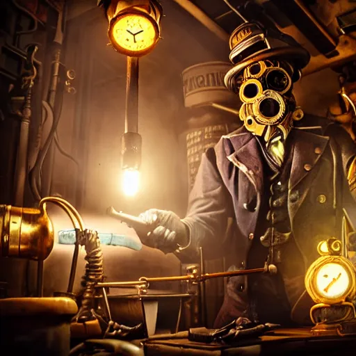 Prompt: a steampunk artificer working in his workshop, bioshock steampunk, scifi