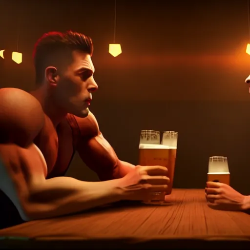 Image similar to cinematic scene with attractive muscular male and another attractive muscular male, drinking their hearts out, in the pub, dramatic, small details, volumetric lighting, still frame