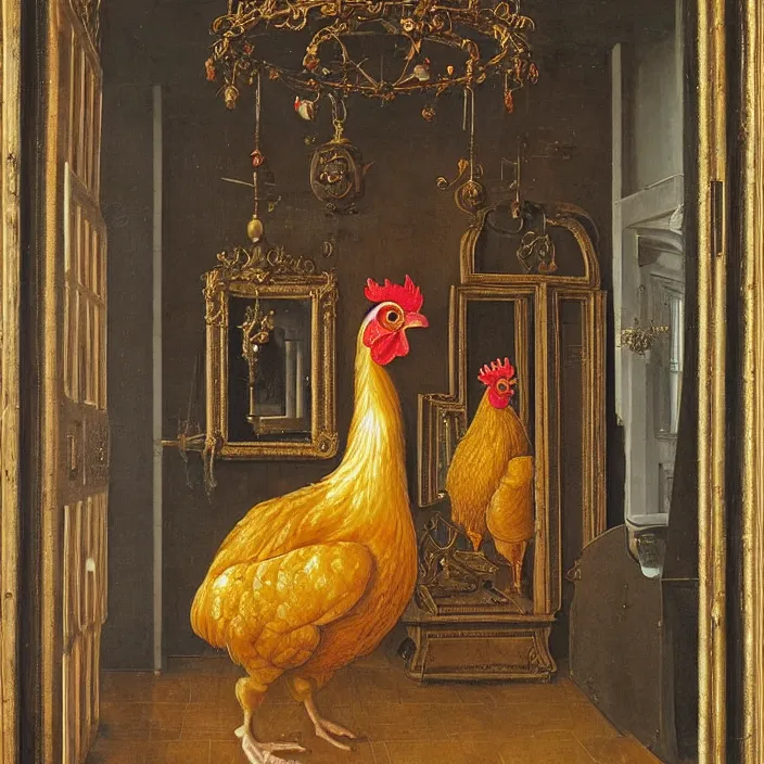 Prompt: a chicken in a hall of mirrors, chicken nebula, by jan van eyck