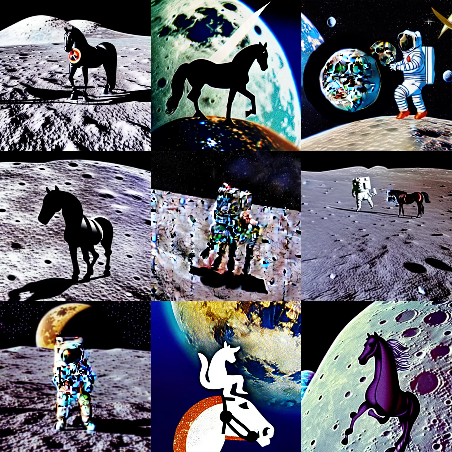 Prompt: horse sitting on astronauts head on moon