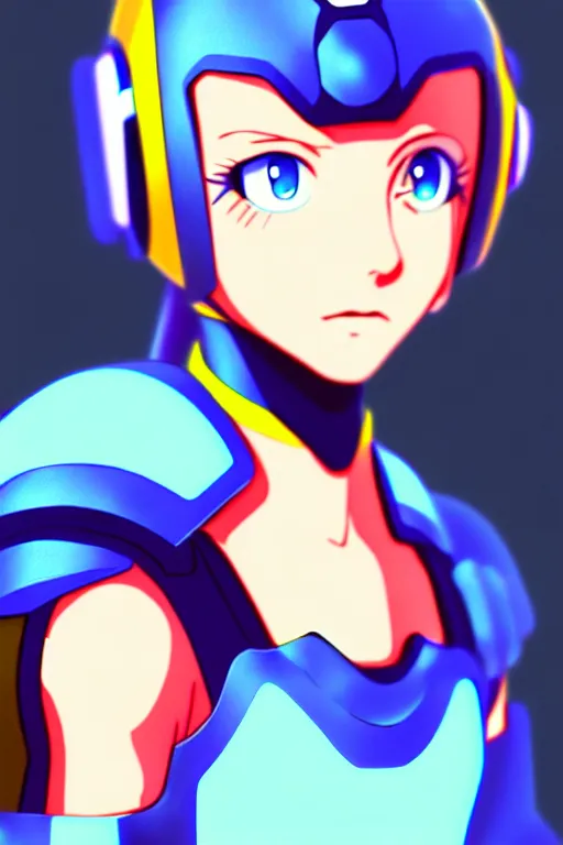 Prompt: Futuristic beautiful female megaman portrait by Makoto Shinkai