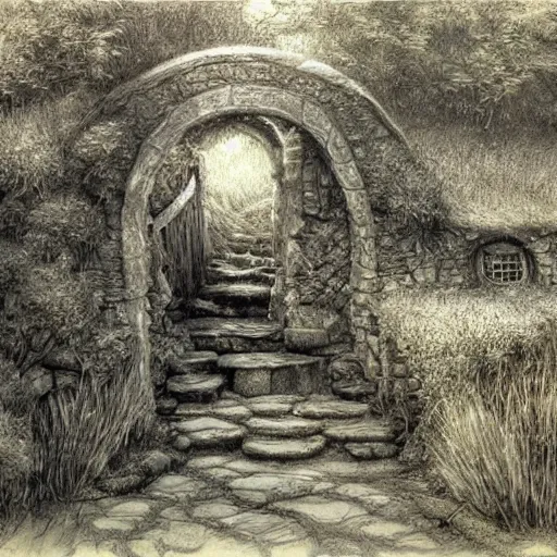 Prompt: beautiful serene hobbiton, by alan lee, lord of the rings, smooth, detailed terrain, pencil style, concept art, trending on art station.