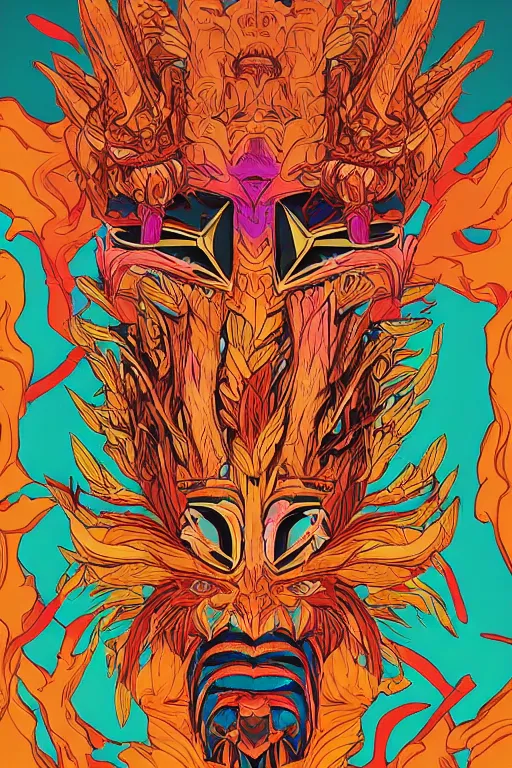 Image similar to animal mask totem roots flower tribal feather gemstone plant wood rock shaman vodoo video game vector cutout illustration vivid multicolor borderlands comics by josan gonzales and dan mumford radiating a glowing aura