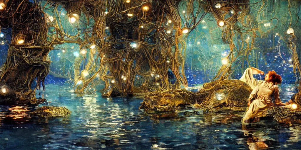 Image similar to a mystic river, the river is full of lights, mysticism, artwork, watercolor, cinematic, exposure, slit - scan photography, 4 k, ultra - hd, incandescent, ray tracing reflections, insanely detailed and intricate, elegant, ornate, hyper realistic, super detailed by dorothea tanning, by bruce pennington