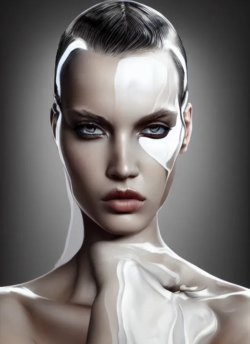 Image similar to a fierce nubile young woman with reflections in her eyes and slicked hair, painted with white paint, clear skin, futuristic, elegant, graceful, fashionable, cinematic, hyperdetailed illustration by irakli nadar and alexandre ferra, depth of field, global illumination,