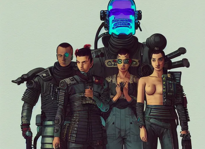 Prompt: cyberpunk samurai kill team. portrait by stonehouse and mœbius and will eisner and gil elvgren and pixar. character design. realistic proportions. cyberpunk 2 0 7 7 character art, blade runner 2 0 4 9 concept art. cel shading. attractive face. thick lines. the team. diverse characters. shadowrun. artstationhq.