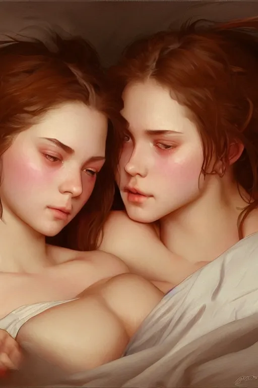 Prompt: two cute college girls rolling hard on ecstasy and glistening with sweat and intertwined on the bed with dilated pupils, realistic portrait, highly detailed, digital painting, artstation, concept art, smooth, sharp focus, illustration, cinematic lighting, art by artgerm and greg rutkowski and alphonse mucha