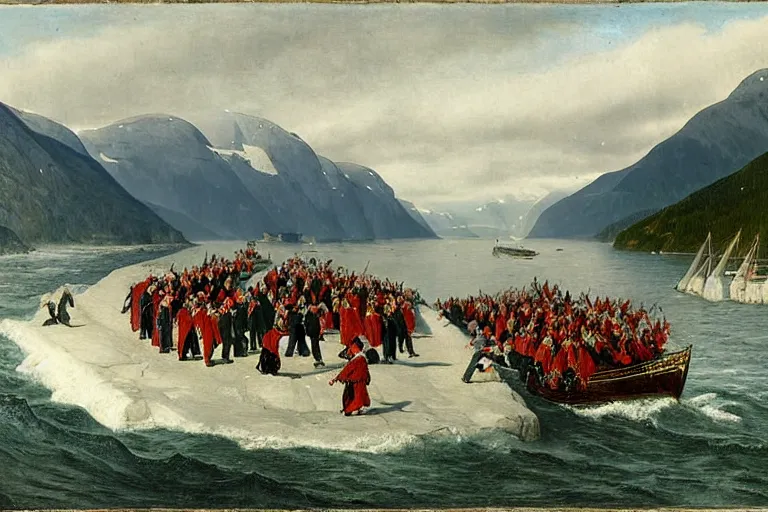 Image similar to a walrus attacking the bridal procession on the hardangerfjord by hans gude, adolph tidemand