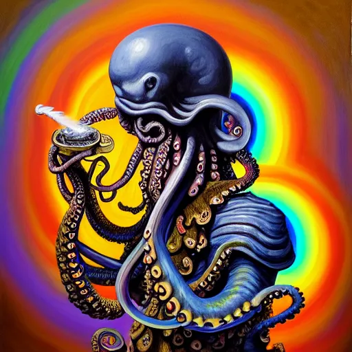 Prompt: an intricate oil painting of a stoic octopus dressed as an ancient warrior smoking a pipe in the style of junji ito and dark fantasy, ornate, psychedelic, rainbow color scheme, detailed, cinematic, diffuse lighting, magic realism, artstationhq, unreal engine 5, volumetric light