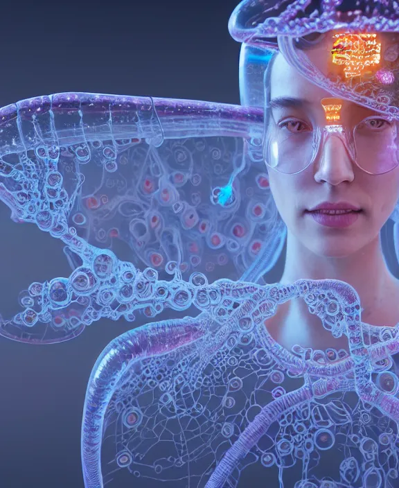 Prompt: intricate opulent transparent clear see - through portrait of microbes, biology, fractal, neon lights, clean medical environment, ultra realistic, concept art, art deco, photorealistic, octane render, 8 k, unreal engine. art by nori inoguchi and sam kaplan and zachary goulko and christopher marley and artgerm