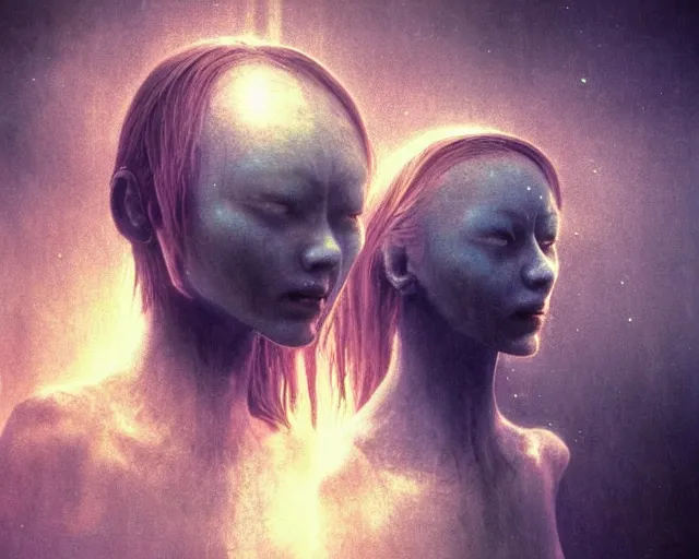 Image similar to twin sisters from another dimension, intimidating, frightening, nightmare, singularity, sharp focus, blue, by Kurosawa, epic tale of the twin sisters, by Beksinski, medieval, transhumanist dancing, god rays, lens flares, dramatic lighting, volumetric lighting, unreal engine