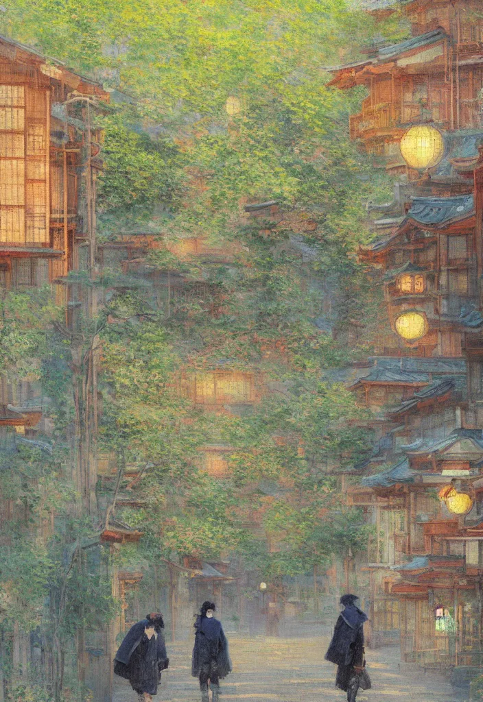 Image similar to a beautiful japanese city in the mountain, amazing ryokans and gorgeous edo era houses, epic cyberpunk, lofi vibe, colorful, vivide colors, amazing light, really beautiful nature, oil painting in impressionist style, by jeremy lipkin, by claude monet, by makoto shinkai, multiple brush strokes, inspired by ghibli, masterpiece, beautiful