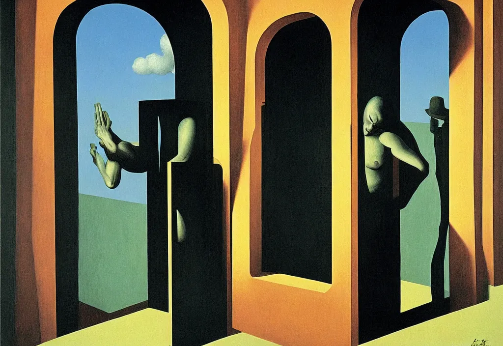 Prompt: window portal arch, blood enriched by iron, penetrated and scorched, one must withhold he celebrated his doom, avant garde post - morden monumental dynamic interior portrait by magritte and edward hopper, illusion surreal art, highly conceptual figurative art, intricate detailed illustration, controversial poster art